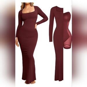 Popilush Women's Dark Red Long Sleeve Shapewear Tummy Control Maxi Dress Size XS